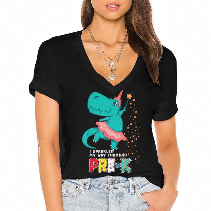 Cute Magical Ballerina Dino Unicorn Pre-K Graduation Women's Jersey Short Sleeve Deep V-Neck Tshirt				