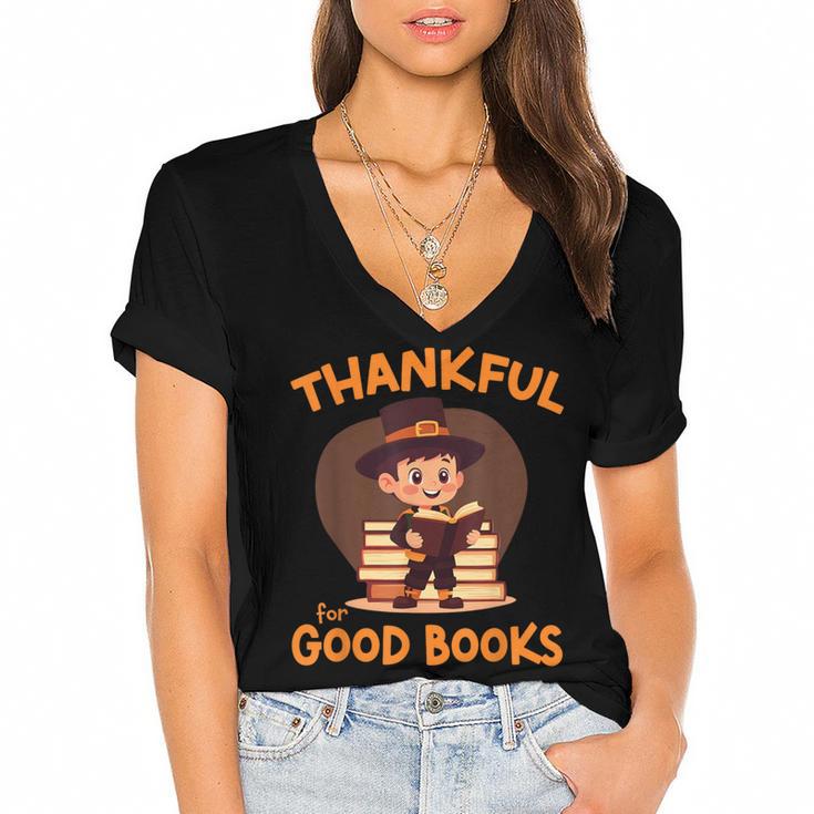 Cute Thanksgiving Teacher Librarian Thankful Reading Books Women's Jersey Short Sleeve Deep V-Neck Tshirt				