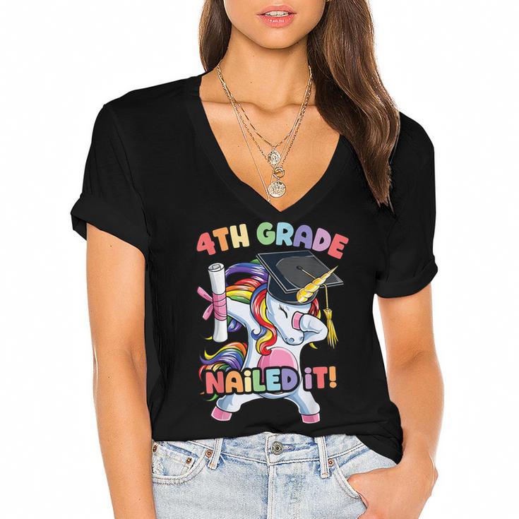 Dabbing 4th Grade Unicorn Graduation Class Of 2021 Nailed It Women's Jersey Short Sleeve Deep V-Neck Tshirt				