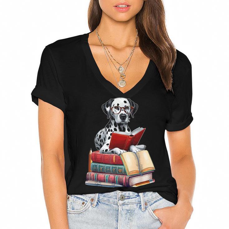 Dalmatian Reading Books Matching Bookworm Readers Librarian Women's Jersey Short Sleeve Deep V-Neck Tshirt