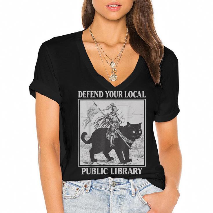 Defend Your Local Library Knight Cat Rider Book Lover Women's Jersey Short Sleeve Deep V-Neck Tshirt				