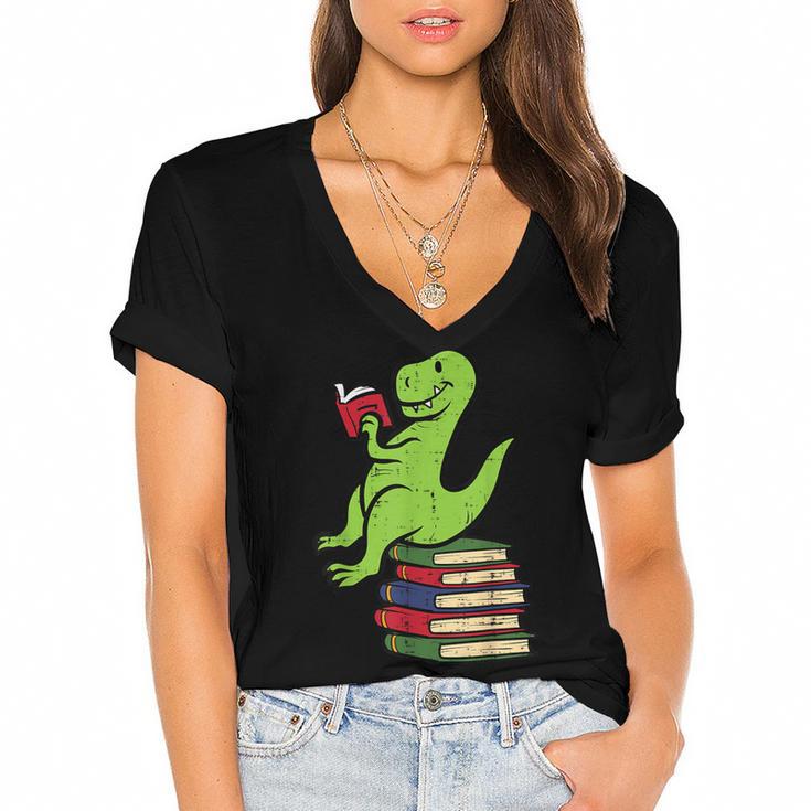 Dino Reading Read Reading Librarian Book Men Boys Kids Women's Jersey Short Sleeve Deep V-Neck Tshirt				