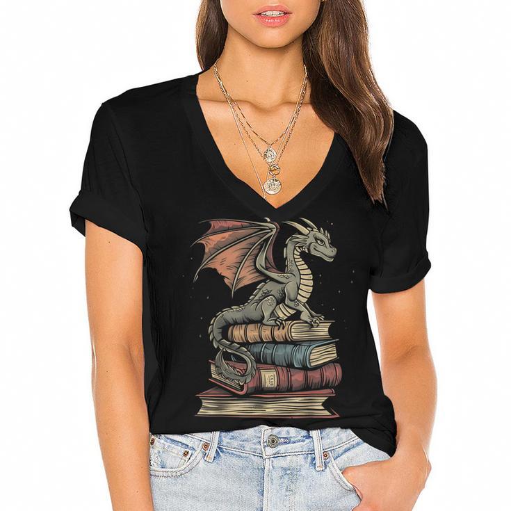 Dragon Fantasy Book Lover Book Nerd Women's Jersey Short Sleeve Deep V-Neck Tshirt