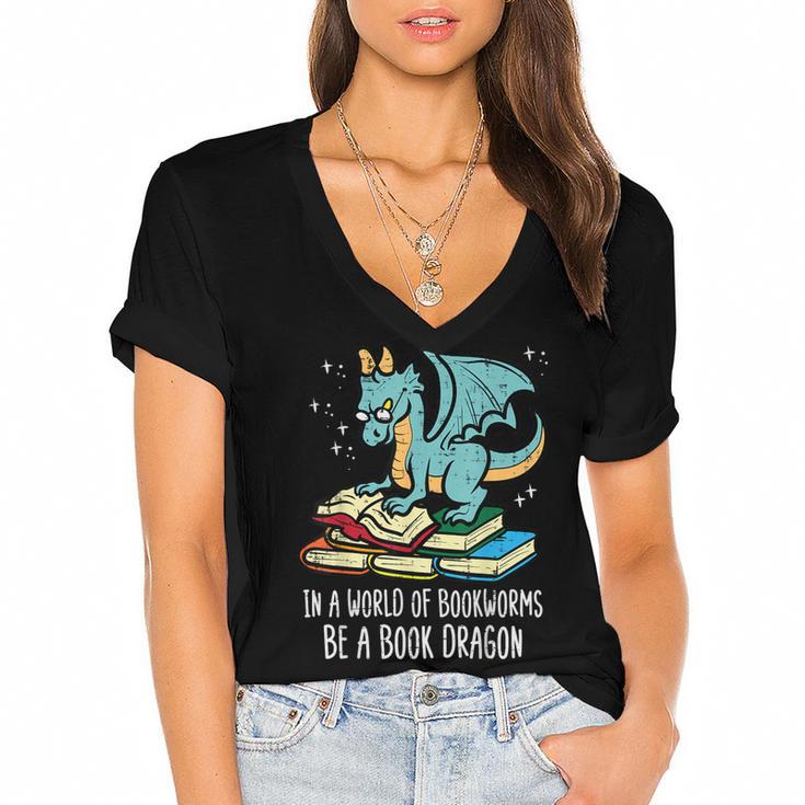 Be A Dragon Read Reading Book Librarian Men Women Kids Women's Jersey Short Sleeve Deep V-Neck Tshirt				