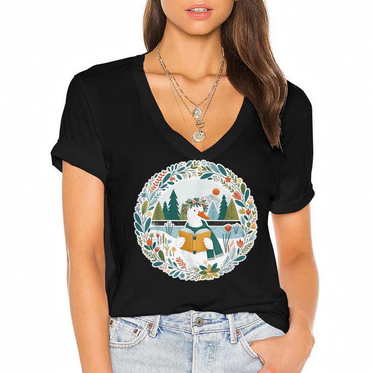 Duck Wilderness Book Reading Illustration Floral Women's Jersey Short Sleeve Deep V-Neck Tshirt				