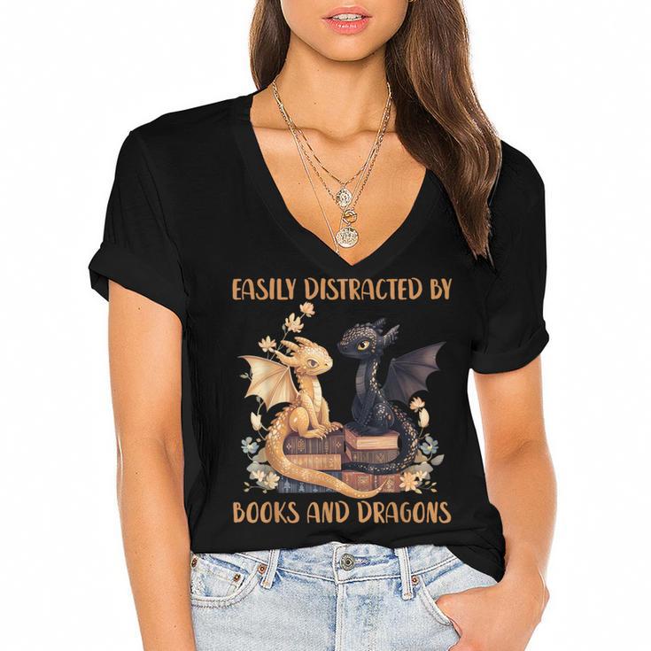 Easily Distracted By Books & Dragons Librarian Book Lover Women's Jersey Short Sleeve Deep V-Neck Tshirt				