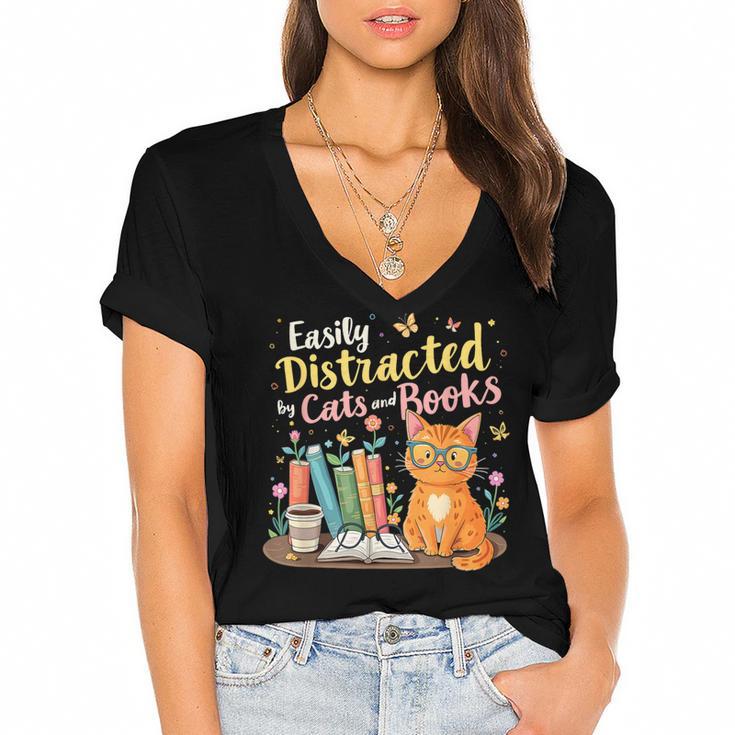 Easily Distracted By Cats And Books Book & Cat Lover Women's Jersey Short Sleeve Deep V-Neck Tshirt				