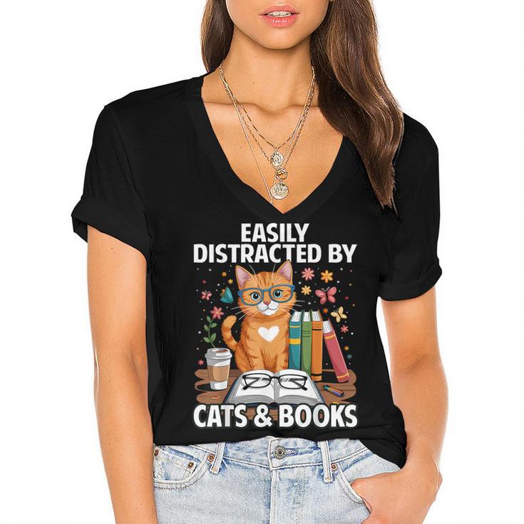 Easily Distracted By Cats And Books Book Lover Cat Women's Jersey Short Sleeve Deep V-Neck Tshirt				