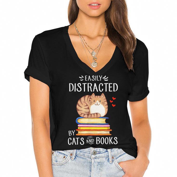 Easily Distracted By Cats And Books Reading Lover Bookish Women's Jersey Short Sleeve Deep V-Neck Tshirt