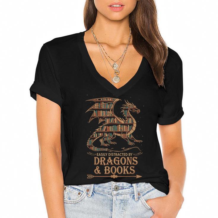 Easily Distracted By Dragons And Books Library Dragon Lover Women's Jersey Short Sleeve Deep V-Neck Tshirt