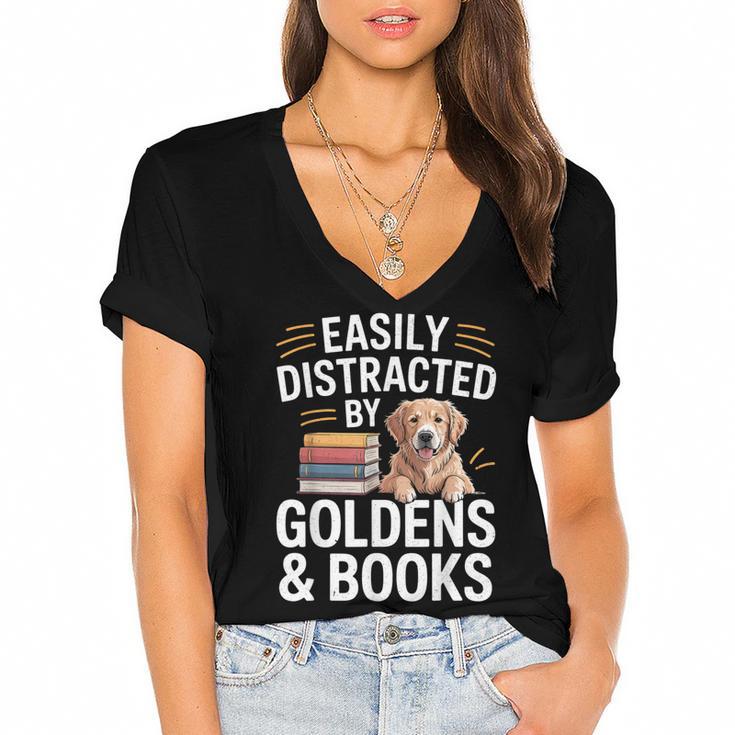 Easily Distracted By Goldens & Books Golden Retriever Dog Women's Jersey Short Sleeve Deep V-Neck Tshirt