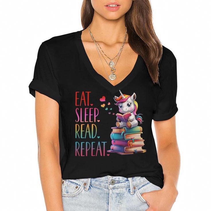 Eat Sleep Read Repeat Unicorn Read Book Reading Lovers Kids Women's Jersey Short Sleeve Deep V-Neck Tshirt