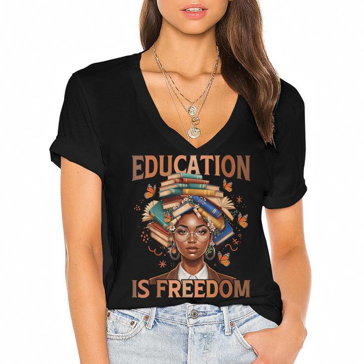 Education Is Freedom Teacher Books Black History Month Women's Jersey Short Sleeve Deep V-Neck Tshirt