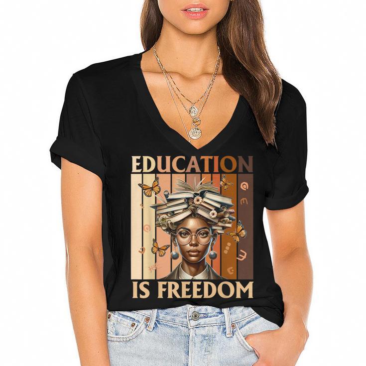 Education Is Freedom Teacher Books Black History Women Women's Jersey Short Sleeve Deep V-Neck Tshirt