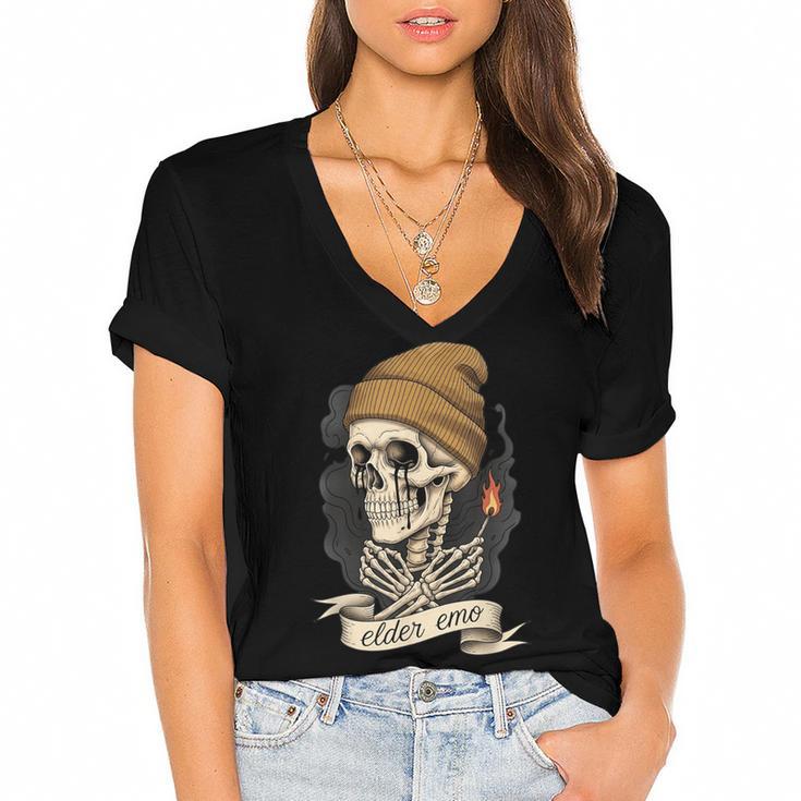 Elder Emo Skeleton Beanie Nostalgia Scene Aesthetic Women's Jersey Short Sleeve Deep V-Neck Tshirt