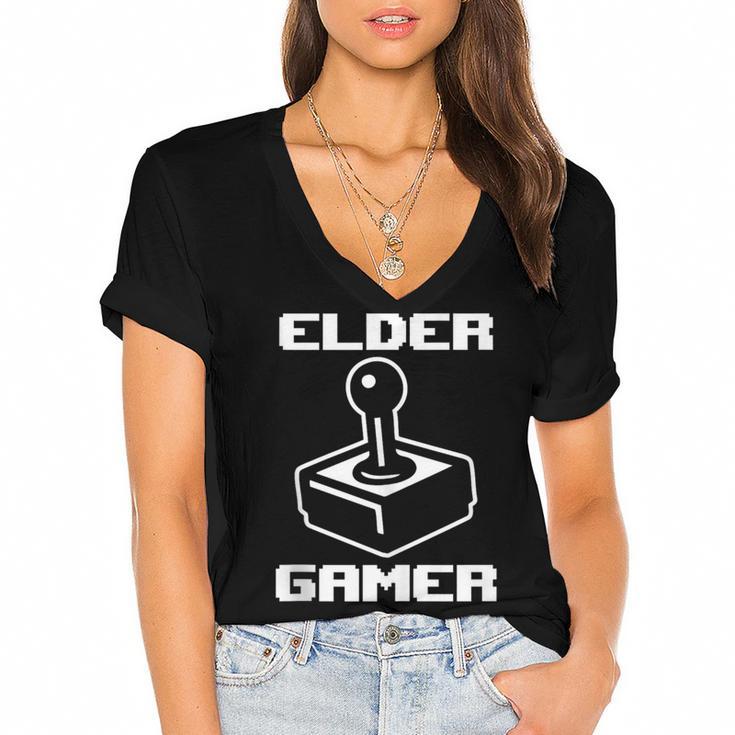Elder Gamer Retro Video Game Nostalgia Old Gamer Women's Jersey Short Sleeve Deep V-Neck Tshirt