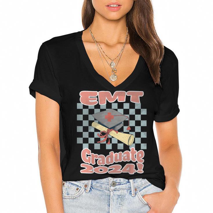 EMT Graduation Class Of 2024 Emergency Medical Tech Medic Women's Jersey Short Sleeve Deep V-Neck Tshirt				
