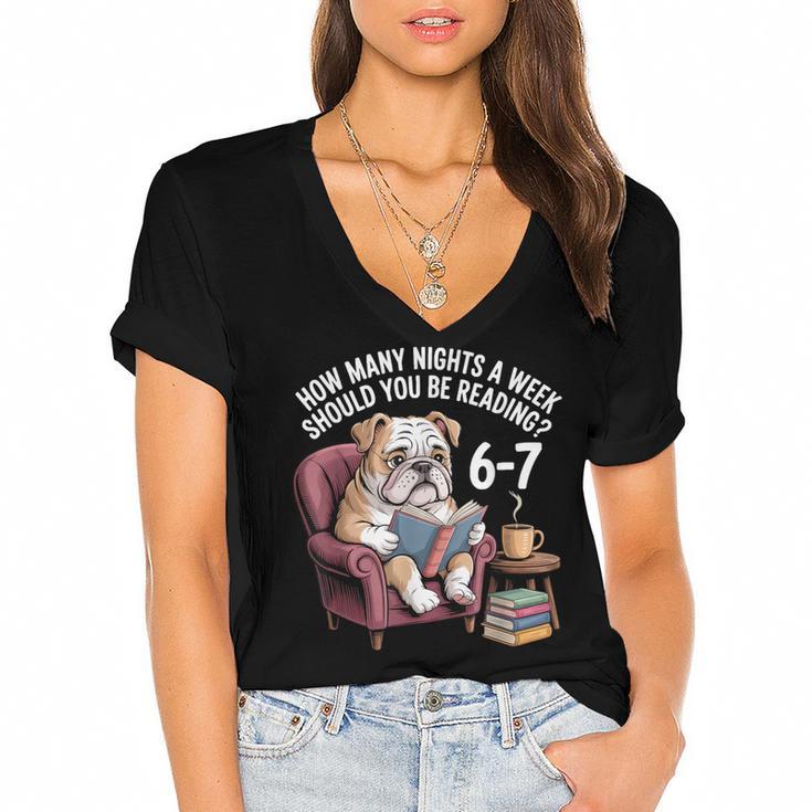 English Bulldog Dog Reading Book 67 Six Seven Meme Women's Jersey Short Sleeve Deep V-Neck Tshirt				