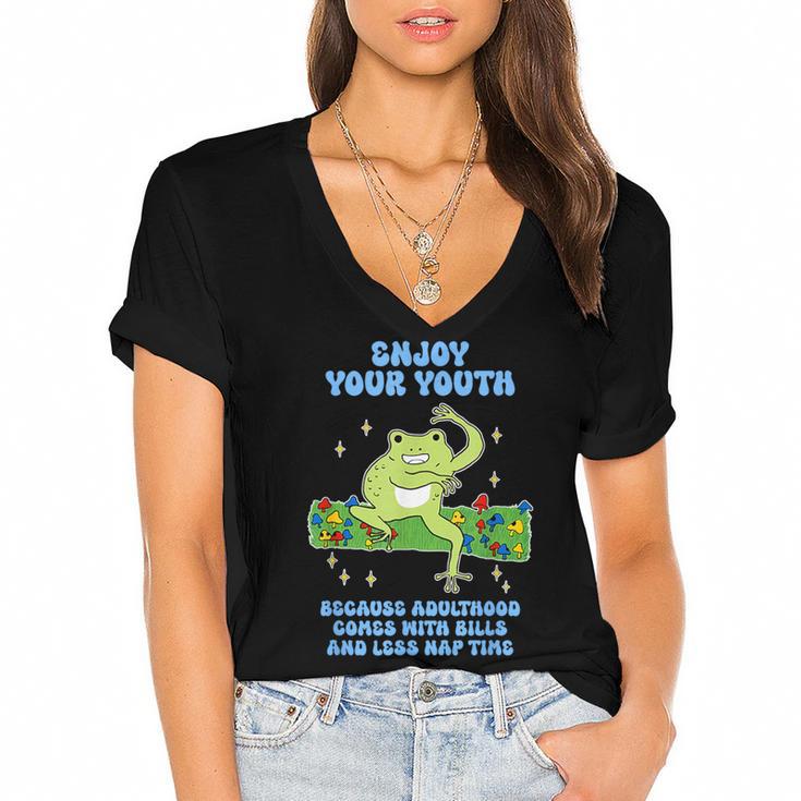 Enjoy Adulthood Comes With Bills Nostalgia Regret Women's Jersey Short Sleeve Deep V-Neck Tshirt