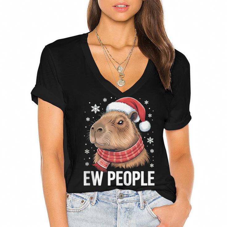 Ew People Capybara Christmas Introvert Holiday Humor Women's Jersey Short Sleeve Deep V-Neck Tshirt