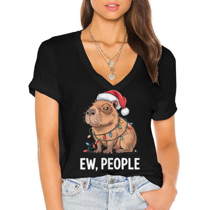Ew People Capybara Christmas Lights Introvert Humor Women's Jersey Short Sleeve Deep V-Neck Tshirt
