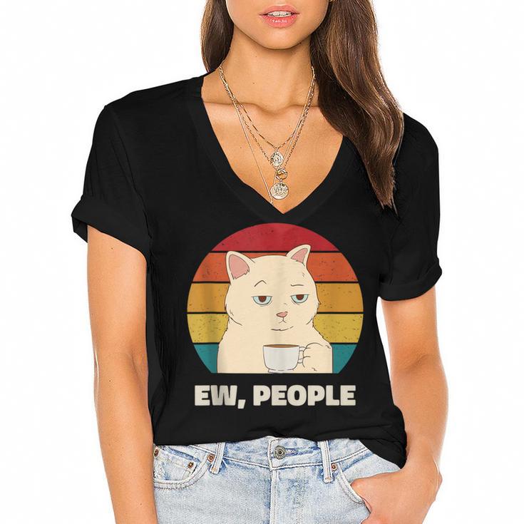 Ew People Introvert Cat Lover Crazy Colorful Cat Lady Women's Jersey Short Sleeve Deep V-Neck Tshirt