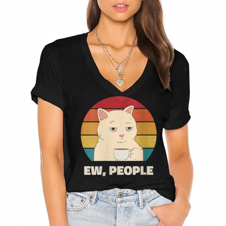 Ew People Introvert Cat Lover Crazy Colorful Cat Lady Women's Jersey Short Sleeve Deep V-Neck Tshirt