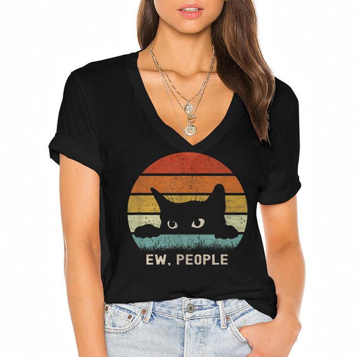 Ew People Retro Cat Cat Lover Introvert Women's Jersey Short Sleeve Deep V-Neck Tshirt