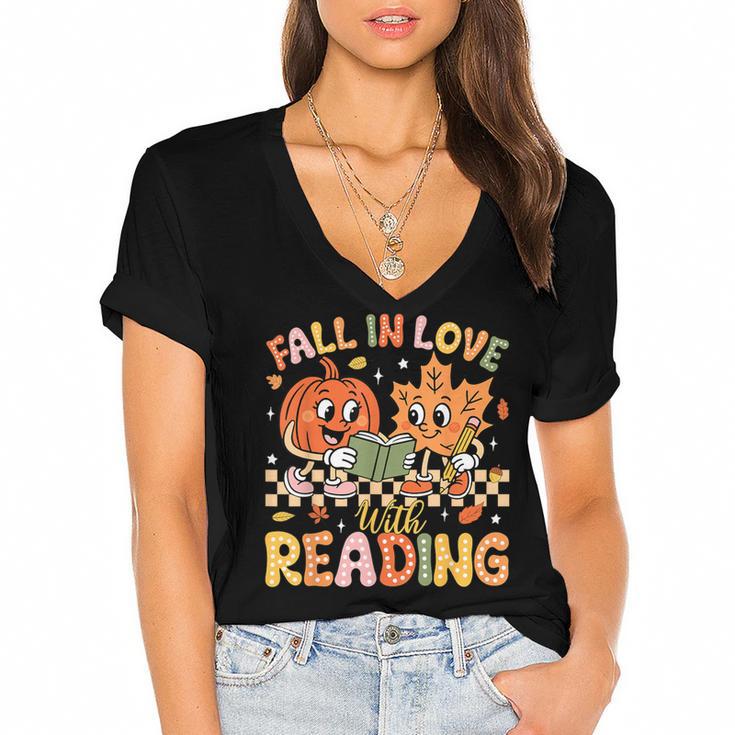 Fall In Love With Reading Autumn Pumpkin Teacher Book Lover Women's Jersey Short Sleeve Deep V-Neck Tshirt