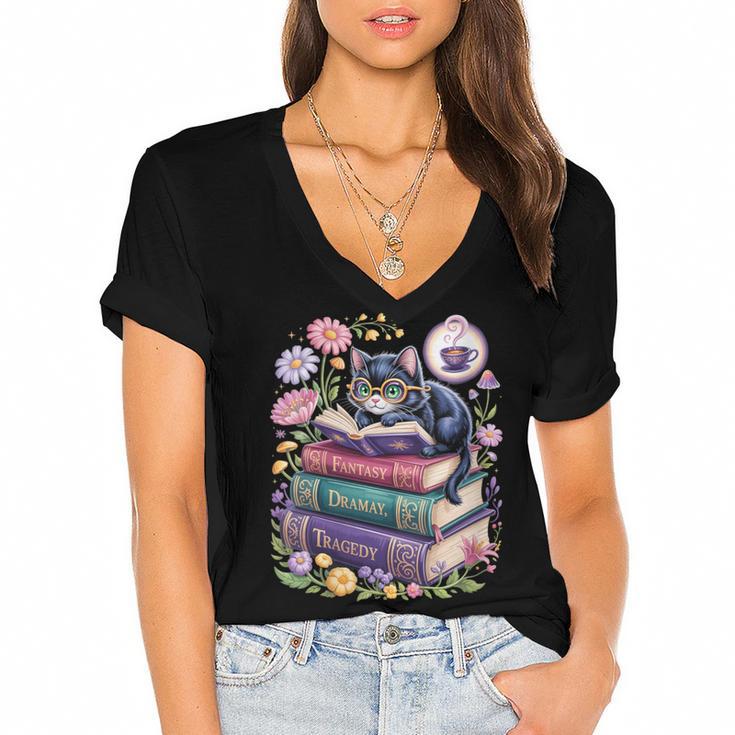 Fantasy Drama Tragedy Cute Cat Book Lover Readers Librarians Women's Jersey Short Sleeve Deep V-Neck Tshirt				