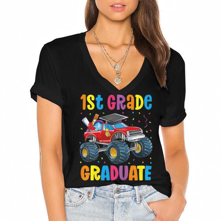 First Grade Graduation Monster Truck 1st Grade Graduate Women's Jersey Short Sleeve Deep V-Neck Tshirt				