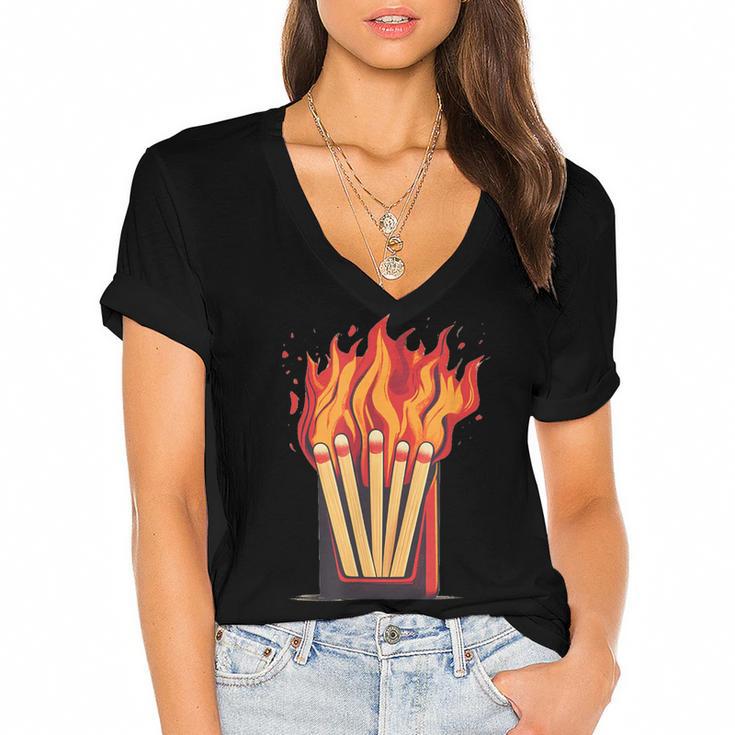 Flames And Lighter Costume For Matchbook Lovers Women's Jersey Short Sleeve Deep V-Neck Tshirt
