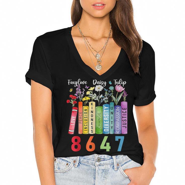 Floral Foxglove Daisy Tulip 8647 Books Lover Blooming Flower Women's Jersey Short Sleeve Deep V-Neck Tshirt				