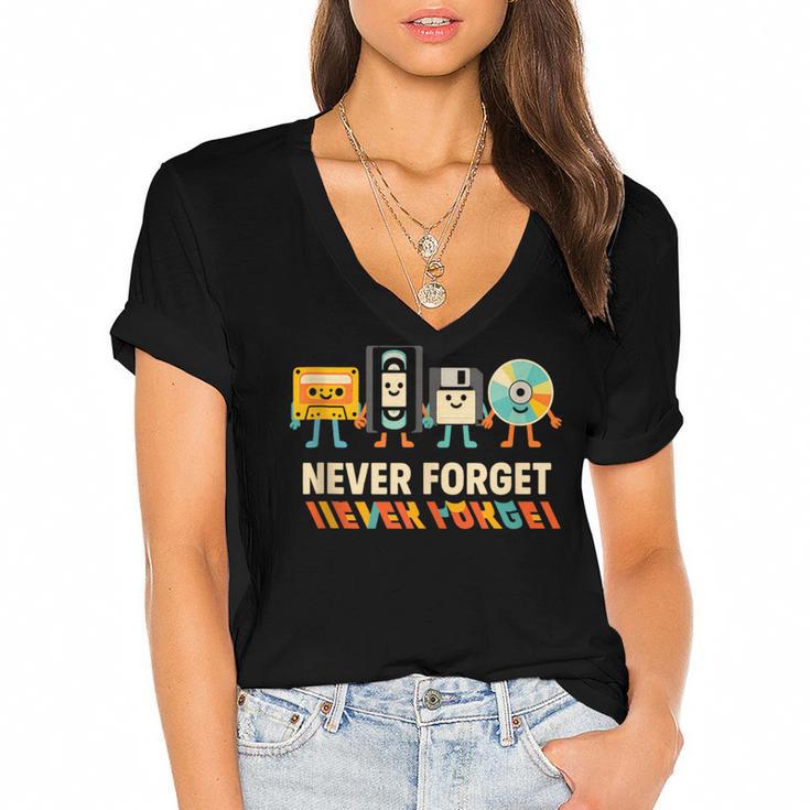 Never Forget Retro Cassette VHS Floppy CD Nostalgia Humor Women's Jersey Short Sleeve Deep V-Neck Tshirt