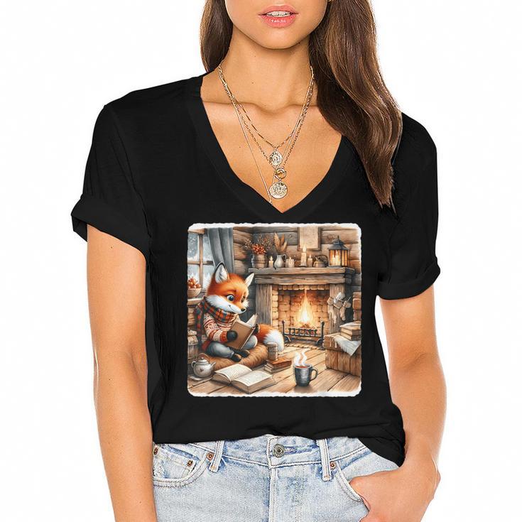 Fox Reads By Fireplace In Cabin Rustic Book Cozy Cup Tea Women's Jersey Short Sleeve Deep V-Neck Tshirt Fox Reads By Fireplace In Cabin Rustic Book Cozy Cup Tea Women's Jersey Short Sleeve Deep V-Neck Tshirt