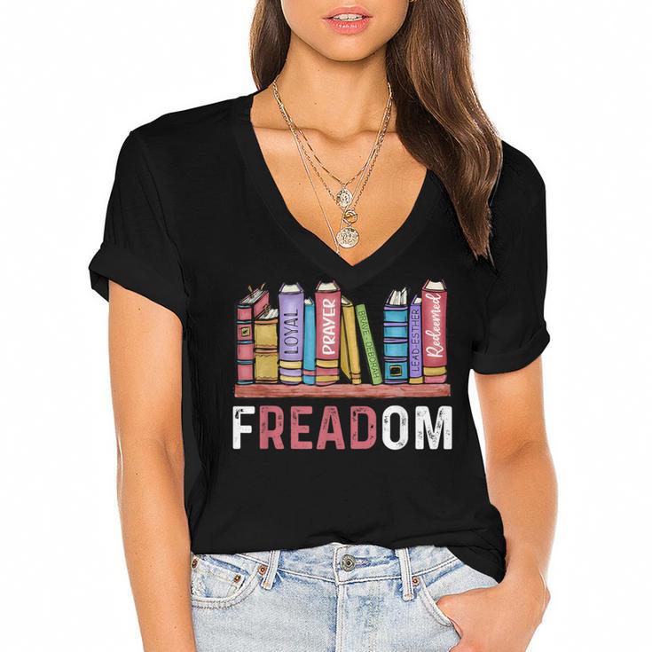 Freadom Anti Ban Books Freedom To Read Book Lover Reading Women's Jersey Short Sleeve Deep V-Neck Tshirt