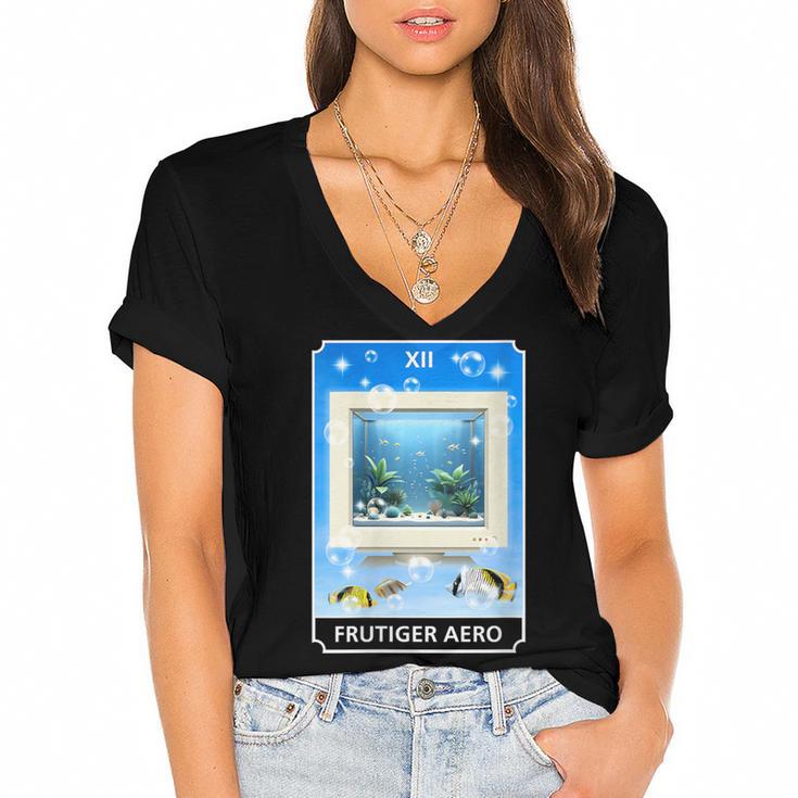 Frutiger Aero Aesthetic Tech Computer Aquarium Tarot Card Women's Jersey Short Sleeve Deep V-Neck Tshirt				
