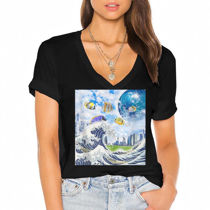 Frutiger Aero Aesthetic Tech Great Wave Of Kanagawa Fishes Women's Jersey Short Sleeve Deep V-Neck Tshirt				