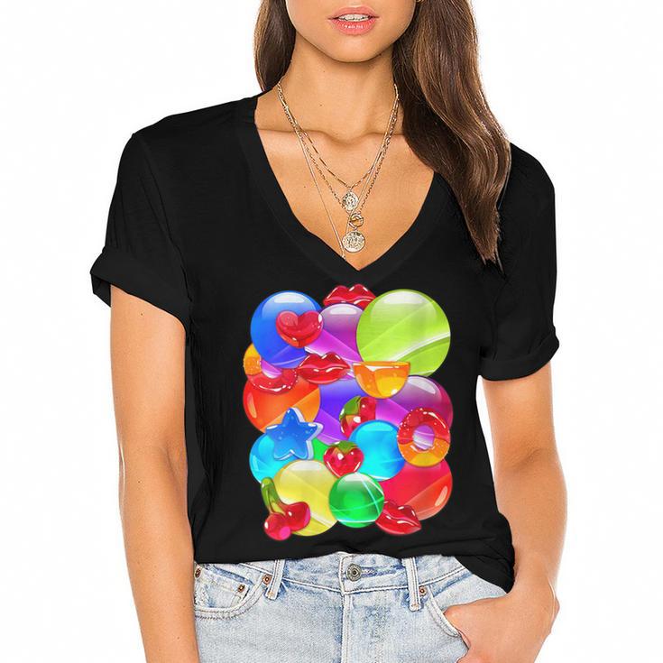 Frutiger Aero Aesthetic Tech Orb Pattern Heart Cherry Lips Women's Jersey Short Sleeve Deep V-Neck Tshirt