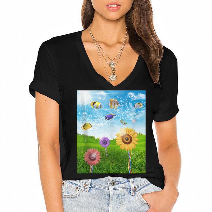Frutiger Aero Aesthetic Tech Scenery Fishes Sunflower Women's Jersey Short Sleeve Deep V-Neck Tshirt				