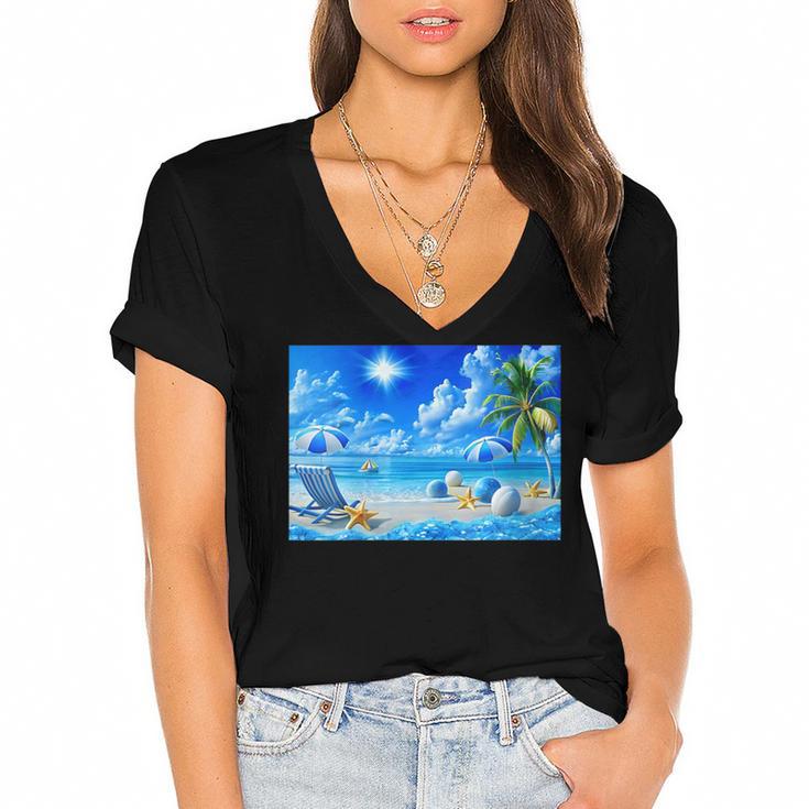 Frutiger Aero Beach Y2k Aesthetic Palm Tree Sand Ocean Women's Jersey Short Sleeve Deep V-Neck Tshirt