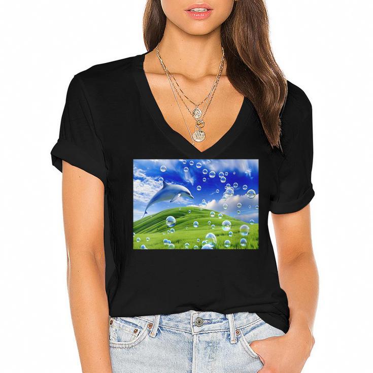 Frutiger Aero Dolphin Meadow Aesthetic Y2k 2000s Ironic Women's Jersey Short Sleeve Deep V-Neck Tshirt				