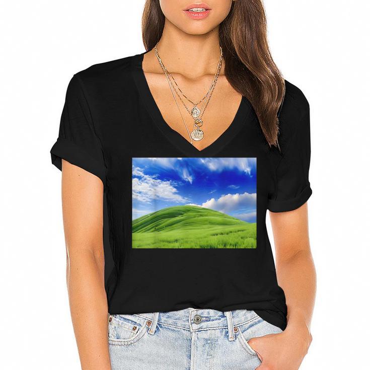 Frutiger Aero Meadow Aesthetic Y2k 2000s Ironic Nostalgic Women's Jersey Short Sleeve Deep V-Neck Tshirt
