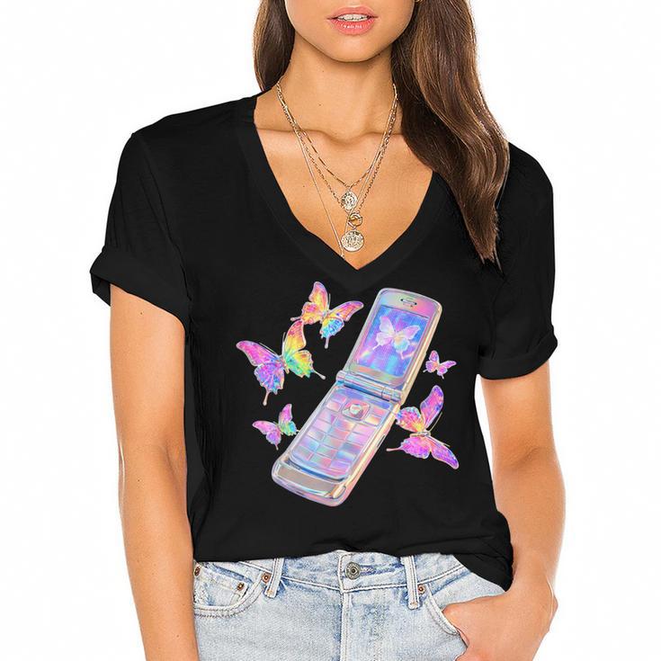 Frutiger Aero Y2K Chrome Phone Butterfly Women's Jersey Short Sleeve Deep V-Neck Tshirt