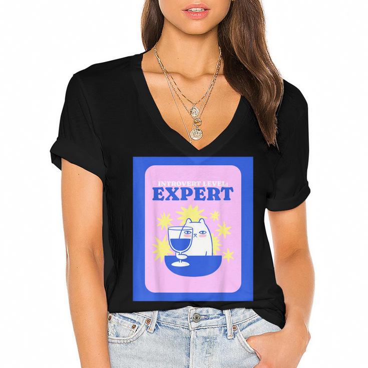 Fun Cute Introvert Cat Character With Wine Women's Jersey Short Sleeve Deep V-Neck Tshirt