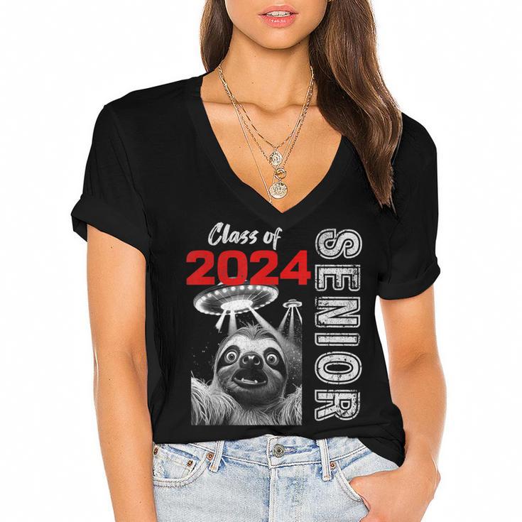 Fun Trendy UFO Sloth Graduation Class Of 2024 Senior Women's Jersey Short Sleeve Deep V-Neck Tshirt				