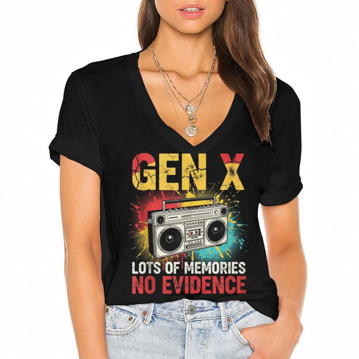 Gen X Lots Of Memories No Evidence Retro Nostalgia Humor Women's Jersey Short Sleeve Deep V-Neck Tshirt