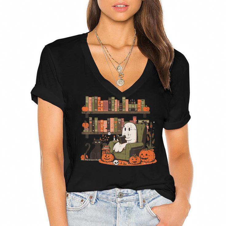 Ghost Library Reading Books Halloween Men Women Kids Women's Jersey Short Sleeve Deep V-Neck Tshirt				