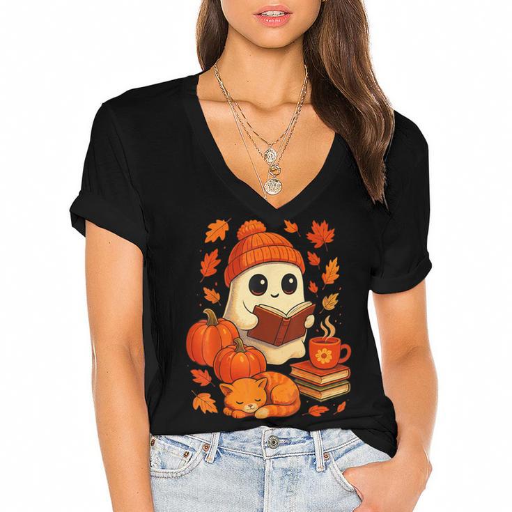 Ghost Reading Book Lovers Autumn Fall Halloween Women's Jersey Short Sleeve Deep V-Neck Tshirt				