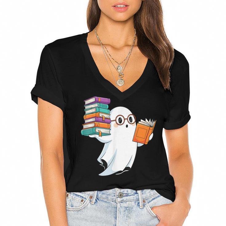 Ghost Reading Books Halloween Library Women's Jersey Short Sleeve Deep V-Neck Tshirt				